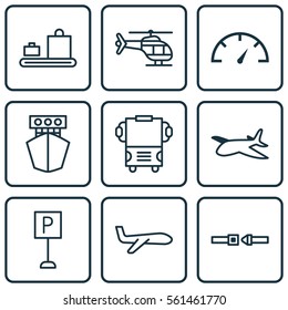 Set Of 9 Vehicle Icons. Includes Speed Checker, Flight Vehicle, Plane And Other Symbols. Beautiful Design Elements.