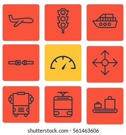 Set Of 9 Vehicle Icons. Includes Stoplight, Baggage Carousel, Streetcar And Other Symbols. Beautiful Design Elements.