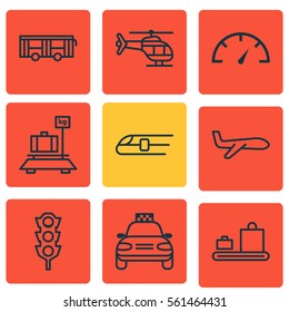 Set Of 9 Vehicle Icons. Includes Air Transport, Car Vehicle, Vehicle And Other Symbols. Beautiful Design Elements.
