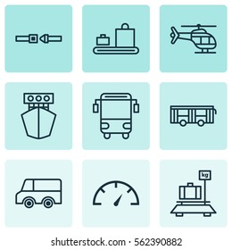 Set Of 9 Vehicle Icons. Includes Speed Checker, Lorry, Flight Vehicle And Other Symbols. Beautiful Design Elements.