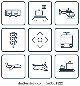 Set Of 9 Vehicle Icons. Includes Road Pointer, Baggage, Plane And Other Symbols. Beautiful Design Elements.