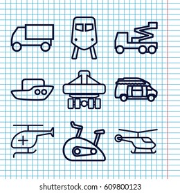 Set of 9 vehicle outline icons such as train, helicopter, boat, truck, crane, van, cargo plane back view, medical helicopter