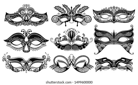 set of 9 venetian carnival facial masks, Mardi Gras Carnival beautiful mask collection, vector illustration 