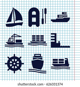 Set of 9 vessel filled icons such as helm, cargo ship, harbor, boat, inflatable boat
