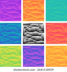 Set of 9 vibrant abstract backgrounds with polygonal texture and gradient colors. Perfect for posters, packaging, web design, covers, and creative digital projects.