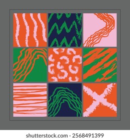 Set of 9 Vibrant Abstract Social Media Post Templates, Bold and Dynamic Patterns for Creative Campaigns
