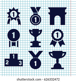 Set of 9 victory filled icons such as Arc de Triomphe, medal, ranking, trophy