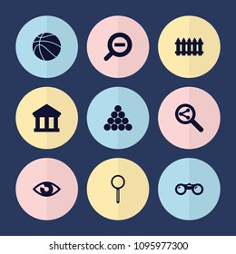 Set of 9 view filled icons such as fence, magnifier, zoom out, basketball, binoculars, bank, eye, biliard triangle