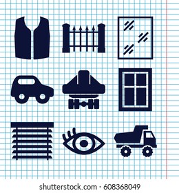 Set of 9 view filled icons such as fence, window, toy car, sleeveless shirt, cargo plane back view, eye
