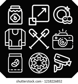 Set Of 9 View Outline Icons Such As Camera, Dish, Coffee, Galactic Empire, Graphic Design, Jam, Kayak, Jersey