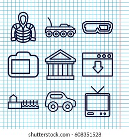 Set of 9 view outline icons such as toy car, hoodie, TV, camera display, avenue, military car, bank, download cloud