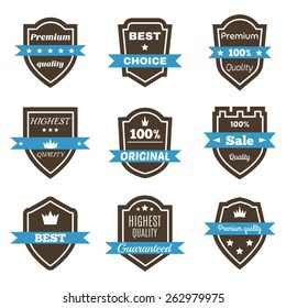 Set of 9 vintage badges. Shields with ribbons. Sale, premium quality, best choice, original vector labels. Vector illustration