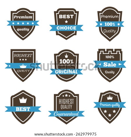 Set of 9 vintage badges. Shields with ribbons. Sale, premium quality, best choice, original vector labels. Vector illustration
