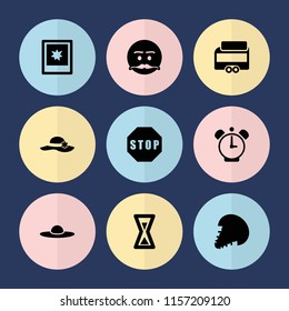 Set of 9 vintage filled icons such as woman hat, emot with mustache, photo, stop, hourglass, extinct sea creature, clock alarm