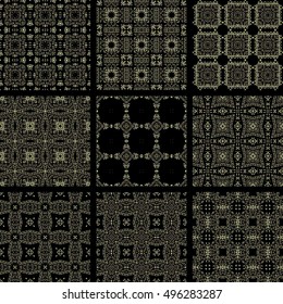 Set Of 9 Vintage Geometrical Patterns. Black And Gold Texture In Arabic, Vintage Style. Seamless Vector Backgrounds. 