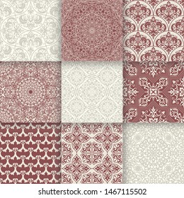 Set of 9 Vintage seamless damask patterns. Template greeting card, invitation and advertising banner, brochure. Antique seamless background collection for wallpaper, textile, tile, packaging