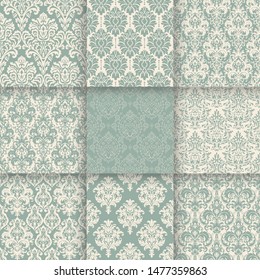 Set of 9 Vintage seamless damask patterns. Template greeting card, invitation and advertising banner, brochure. Antique seamless background collection for wallpaper, textile, tile, packaging