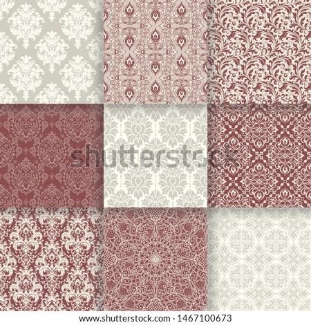 Set of 9 Vintage seamless damask patterns. Template greeting card, invitation and advertising banner, brochure. Antique seamless background collection for wallpaper, textile, tile, packaging