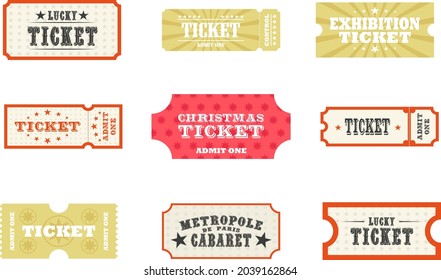 Set of 9 vintage tickets for all occasions. Vector illustration isolated on white background