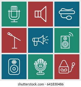 Set of 9 voice outline icons such as pin microphone, megaphone, speaker