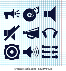 Set of 9 volume filled icons such as megaphone, volume, no sound, speaker, earphones, disc and music note