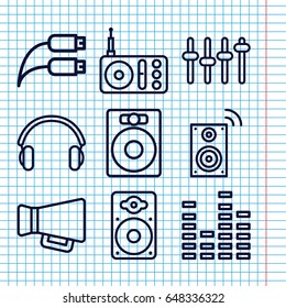 Set of 9 volume outline icons such as radio, equalizer, megaphone, loudspeaker, earphones, earphone wire, music loudspeaker