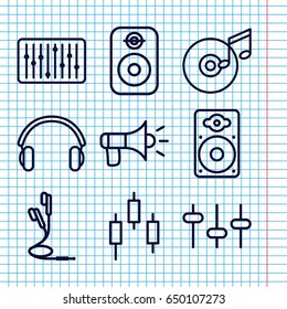 Set of 9 volume outline icons such as equalizer, loudspeaker, slider, earphones, disc and music note, speaker, megaphone