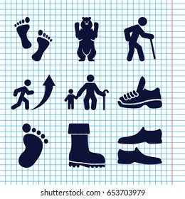 Set of 9 walking filled icons such as bear, foot print, man shoe, boot, trainers, foot