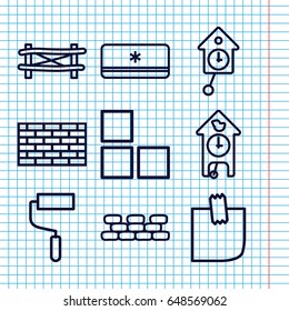 Set of 9 wall outline icons such as fence, brick wall, roller, glued note, air conditioner, pendulum