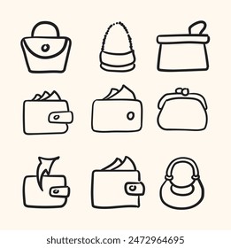 Set of 9 wallet outline icons such as make up bag, women bag, purse, satchel, wallet and with illustration stye doodle and line art