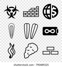 Set of 9 wallpaper filled and outline icons such as endless battery, hazzard, brick wall, hair barrette, smoke