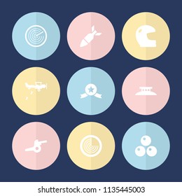Set of 9 war filled icons such as radar, helmet, medal with star, rocket bomb, canon ball, wire fence, cannon