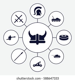 Set of 9 war filled icons such as smoke bomb, knight, catapult, helmet, spear, cannon, military car, tank
