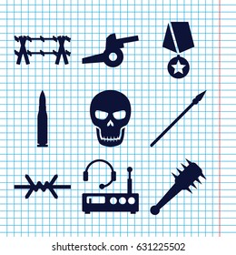 Set of 9 war filled icons such as skull, mace, spear, wire fence, listening device, cannon, bullet