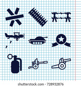 Set of 9 war filled and outline icons such as dynamite, wire fence, ammo, tank, military plane, medal with star