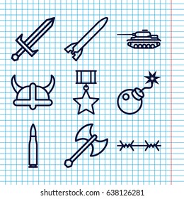 Set of 9 war outline icons such as bomb, sword, helmet, axe weapon, wire fence, bullet, rocket bomb, tank