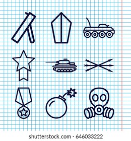 Set of 9 war outline icons such as bomb, arrow bow, gas mask, cannon, military car, tank, medal with star