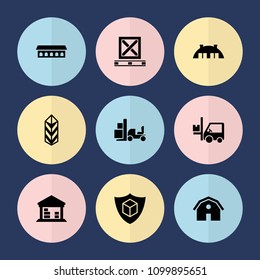 Set of 9 warehouse filled icons such as barn, cargo, forklift