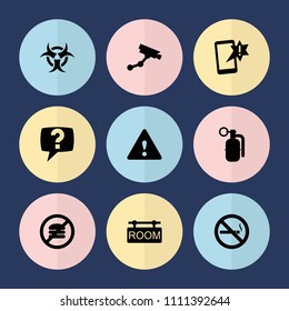 Set of 9 warning filled icons such as security camera, no smoking, room tag, warning, dynamite, hazzard, important message, no fast food