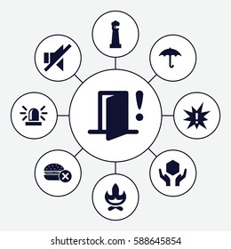 Set of 9 warning filled icons such as lighthouse, no fast food, siren, keep dry cargo, handle with care, no sound, door warning, exclamation