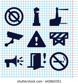 Set of 9 warning filled icons such as no smoking, barrier, lighthouse, no brightness, door warning, warning, security camera