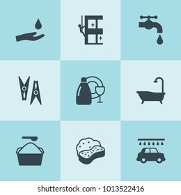 Set of 9 wash filled icons such as car wash, water tap, skycrapers cleaning, dishes wash, sponge, drop in hand, clothes peg, washing powder