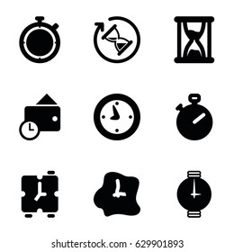 set of 9 watch filled icons such as wallet, clock, wall clock, wrist watch, hourglass, alarm