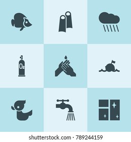 Set of 9 water filled icons such as rain, water tap, clean window, duck, hand washing, oxygen scuba, buoy, fish