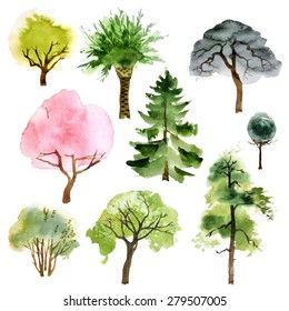 Set Of 9 Watercolor Trees