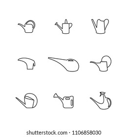 Set of 9 watering can. Outline. Infographics.