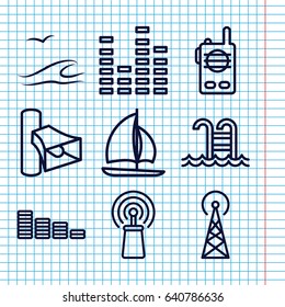 Set of 9 wave outline icons such as signal tower, equalizer, signal, volume, swimming pool, sea and gull, walkie talkie