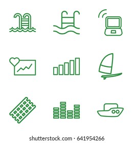 set of 9 wave outline icons such as boat, hair curler, equalizer, swimming pool, signal, laptop signal, windsurfing