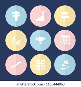 Set of 9 way filled icons such as stairs, direction, man going up, man on stairs, curved arrow, labyrinth