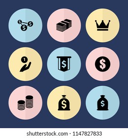Set of 9 wealth filled icons such as money, coin, crown, coin on hand, dollar sign